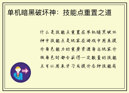 单机暗黑破坏神：技能点重置之道